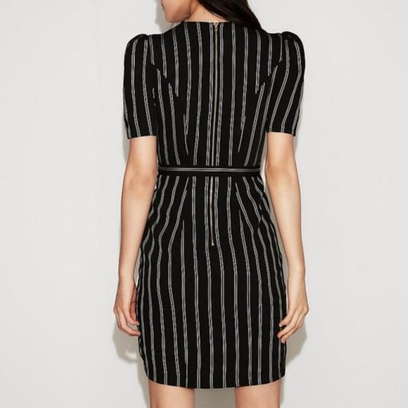 Black Striped Puff Shoulder Sheath Midi Dress - Picture 2 of 5